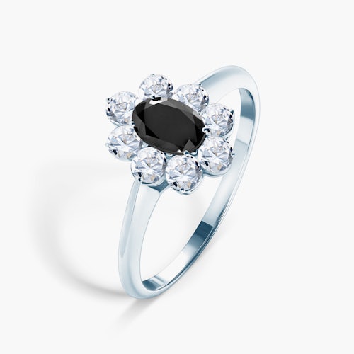 Pierścionek zaręczynowy SAVICKI: białe złoto, czarny diament, białe szafiry